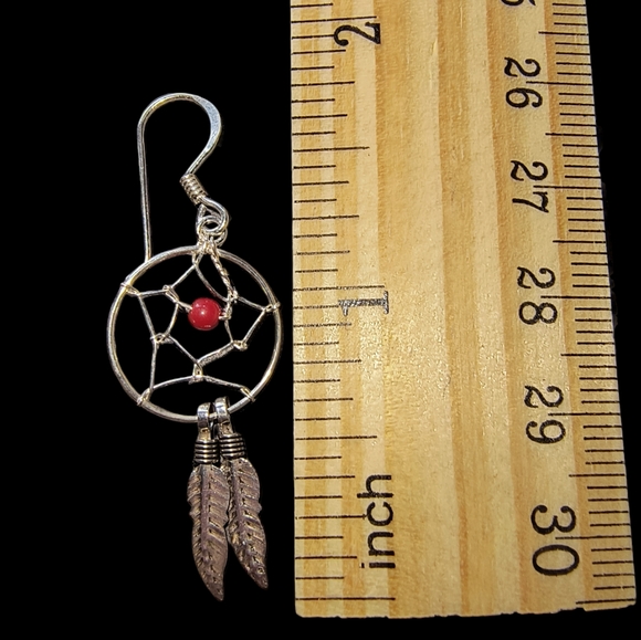 Red Coral & Sterling Silver Dreamcatcher Dangle Earrings - Picture 4 of 8